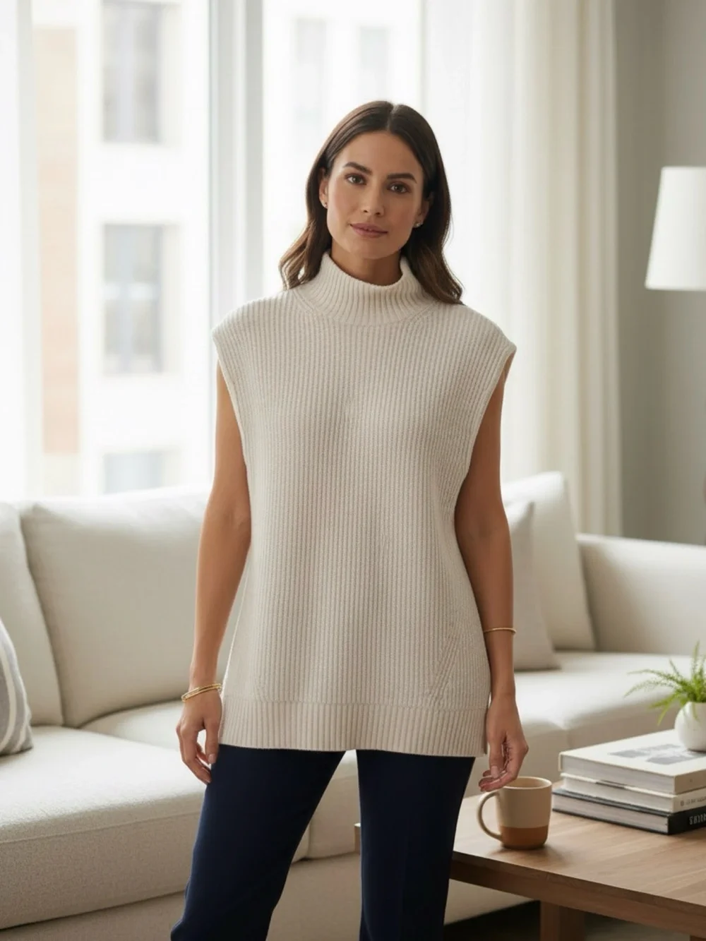 J. Crew 100% Cashmere Sleeveless Ribbed High Neck Sweater Vest in Ivory M-L